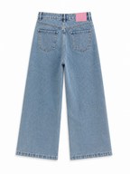 Pantalón vaquero largo de mujer con flecos y tiro alto