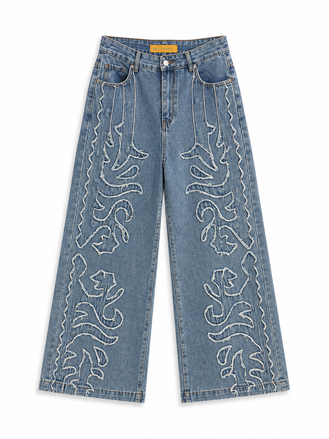 Pantalón vaquero largo de mujer con flecos y tiro alto