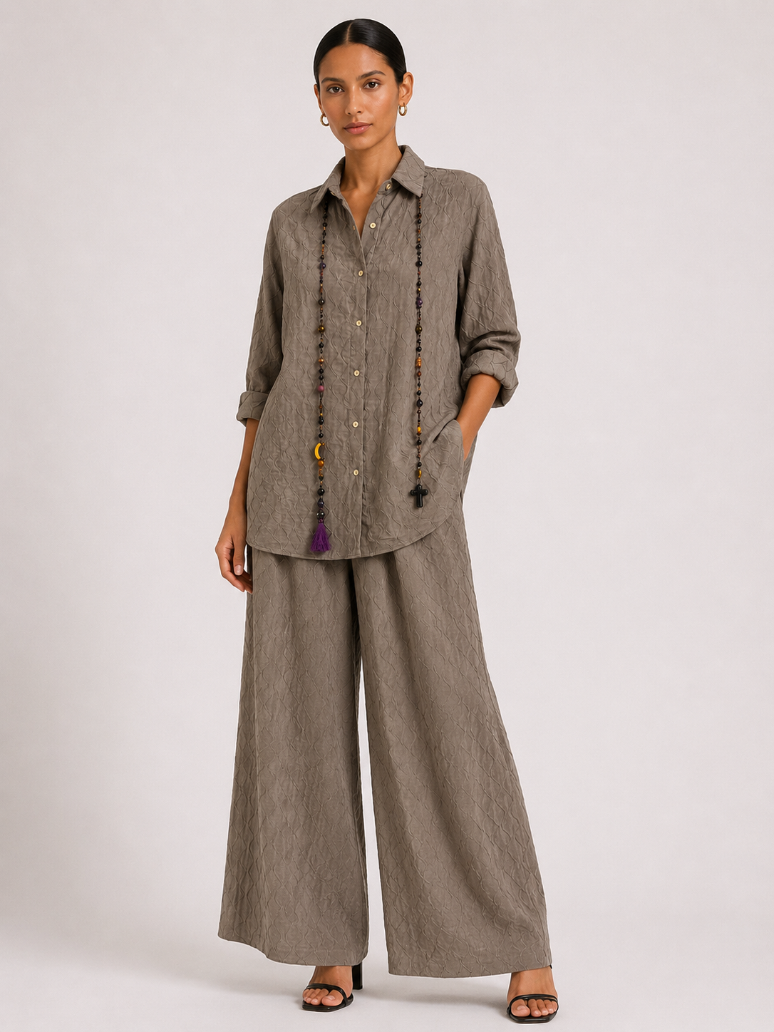 Conjunto Texturizado Camisa y Pantalón Palazzo