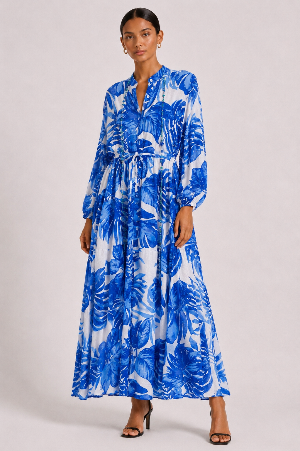 Vestido Midi Estampado Tropical Azul