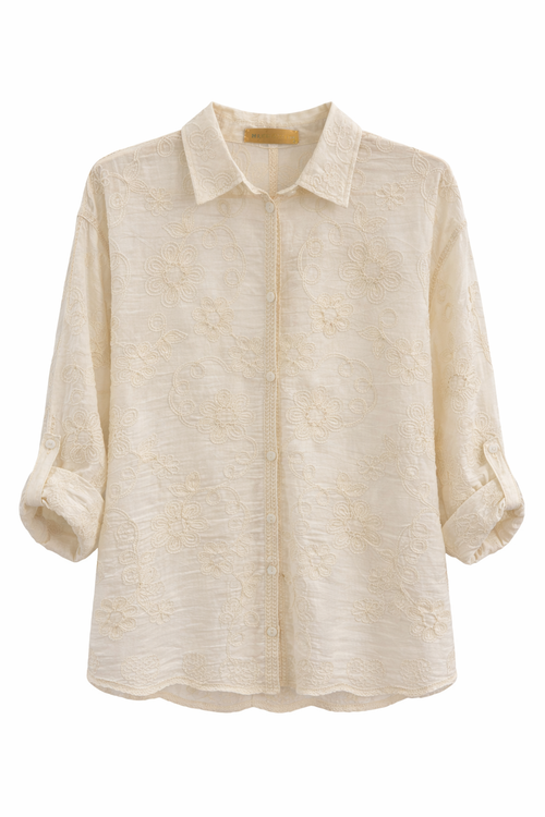 Camisa bordada de mujer elegante con manga 3/4 y transparencia