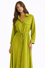 Vestido camisero largo de mujer con mangas largas y botones dorados