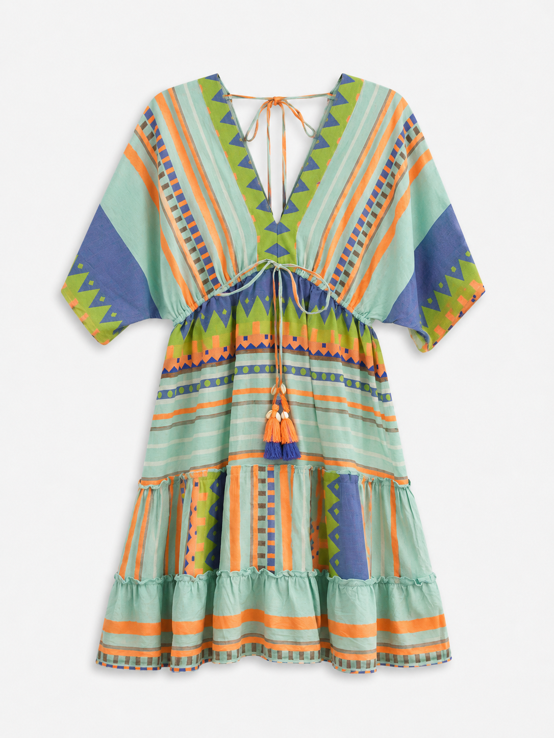 Vestido corto de mujer estilo playero con cuello en V y mangas anchas